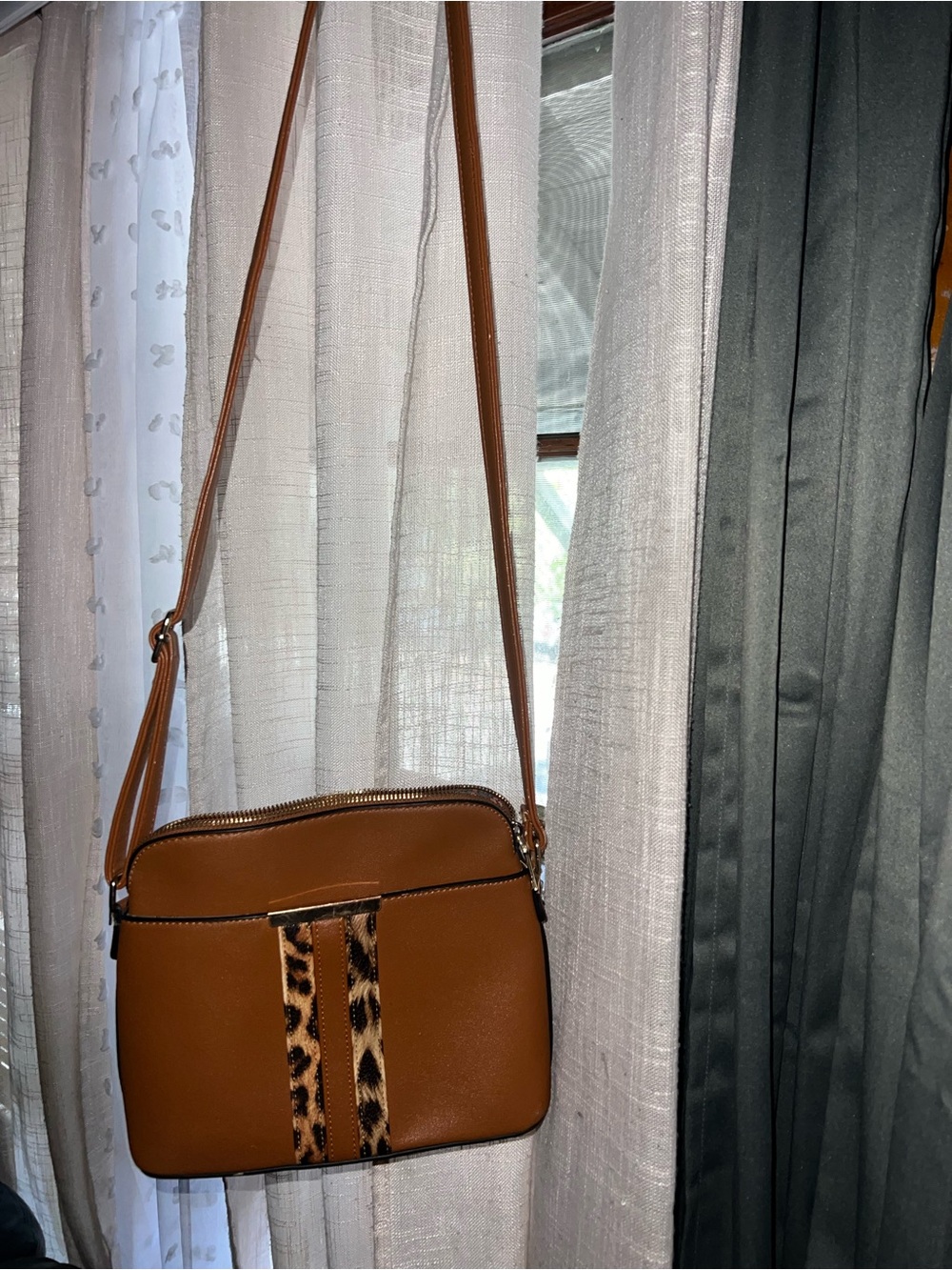Women's Tan Crossbody Bag with Leopard Accent